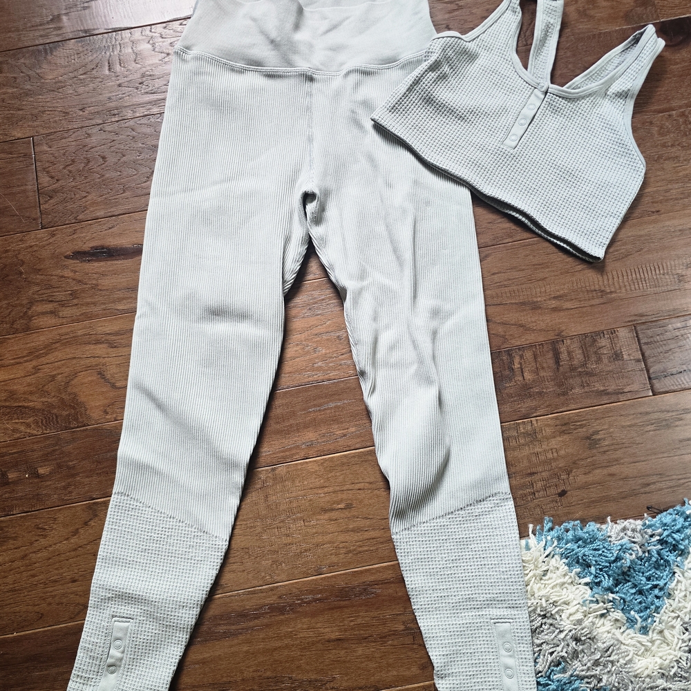 Pale Green Ribbed Leggings and Sports Bra Set